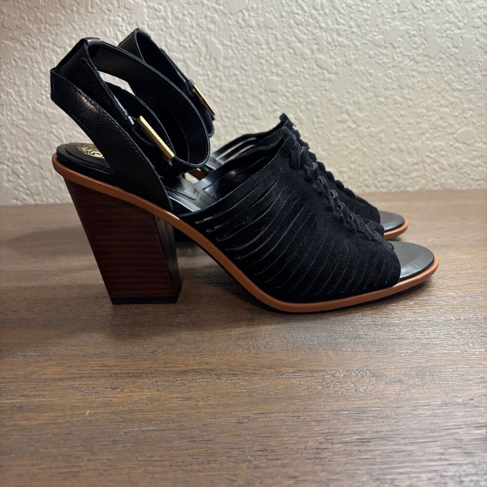 Vince Camuto Frenela Suede Woven Ankle Strap Block Heel Sandals Black 10M Chic - Picture 2 of 9